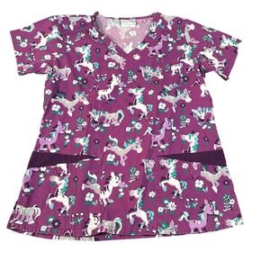 UA Scrubs Frolic in the Flowers Berry Burst Unicorn V-Neck Scrub Top Medium